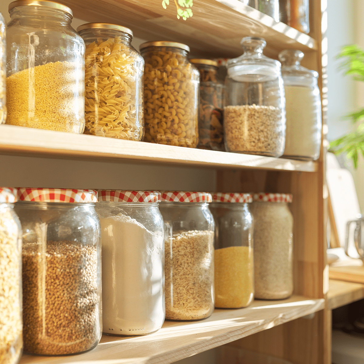 Pantry with canning jars full of stored foods.
